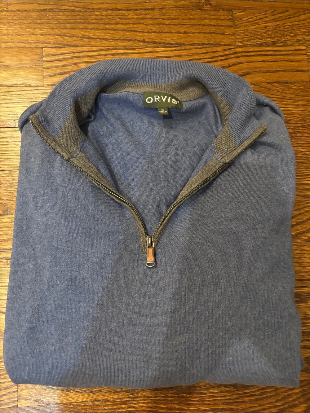 Orvis Men's Heathered Blue Half-Zip Sweater with Gray Trim